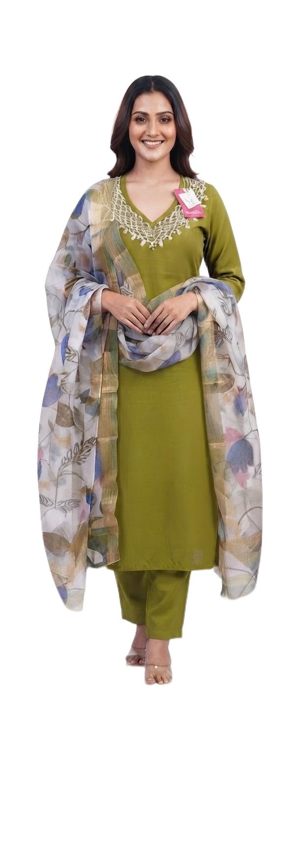 Women's Moti work Kurta Pant Dupatta Set Olive green 3 Piece L size-image-20