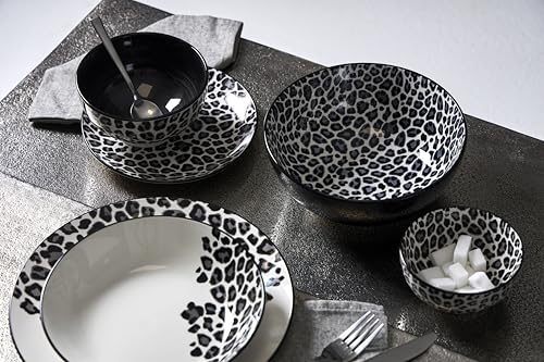 Delys 546151 Tafelservice aus Porzellan, 18-teilig, für 6 Personen – flache Teller, tiefe Teller, Dessertteller – Koliris schwarz, Dekor Leopard
