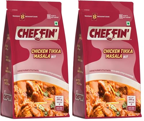Image of Cheffin' Chicken Tikka Masala 285g | Ready to Cook in 10 mins | Serves 2-3 | Just add Fresh Chicken or Paneer | All Natural, No Preservatives | 3-Pouch Cooking Kit for Restaurant Style Taste at Home| Pack of 2