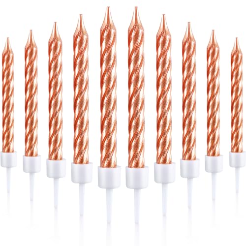 Blulu 50 Pieces Spiral Cake Candles in Holders Metallic Cake Cupcake Candles Short Thin Cake Candles for Birthday Wedding Party Cake Decorations (Rose Gold)