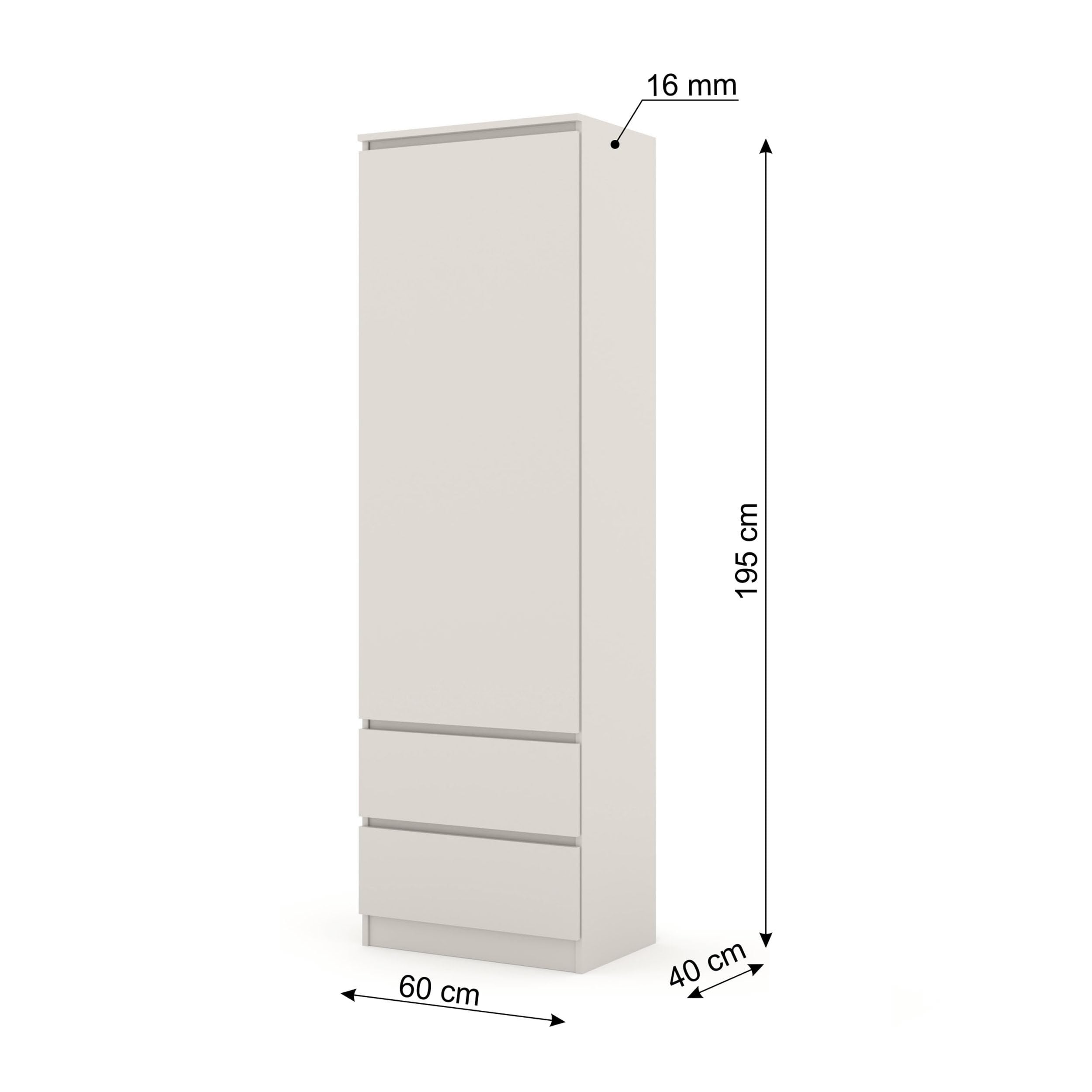 Armadio multiuso MAJA 60 cm con cassetti, scaffalatura stretta per soggiorno e ufficio, archiviazione moderna con porta, design minimalista, pannello laminato di alta qualità (cashmere)