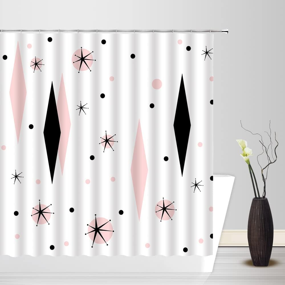 Mid Century Shower Curtain Modern Abstract Atomic Diamond Polka Dots Retro 1950s Geometric Bathroom Decor Polyester Curtains with Hooks
