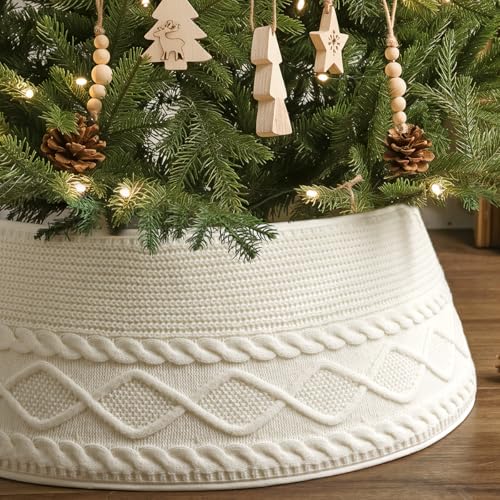 Treory Knitted Christmas Tree Collar: Cream Crossed Diamond Edge Chunky Cable Knit Christmas Tree Collars for Artificial Trees, Farmhouse Rustic Tree Ring Tree Skirt for Christmas Home Décor