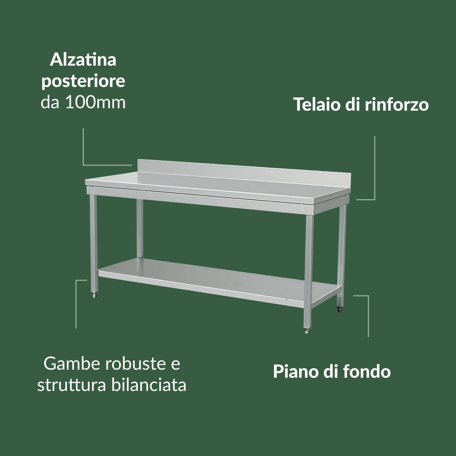 Ristoattrezzature Tavolo in acciaio inox 150x60x95h cm su gambe con piano di fondo e alzatina VS