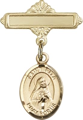 Gold Filled Baby Badge with St. Rita/Baseball Charm and Polished Badge Pin 1 X 5/8 inches