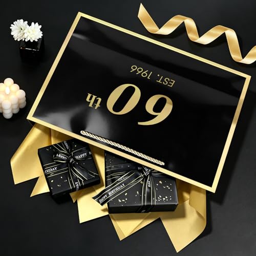 Image of JMANNI 60th Birthday Gift Bag with Card and Tissue Paper for Men Women Him, 14.2 inch Elegant Black Gold Anniversary Keepsake Party Present Shopping Paper Bags for Gifts Wrapping (EST.1966 /Black /Large)