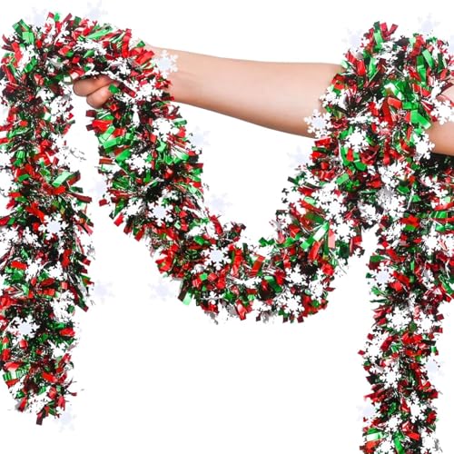 LATERN 10M Guirnalda Navideña de Oropel con Copos de Nieve, Rojo Verde Espumillón Metálico Guirnalda Gruesa Brillante para Árbol de Navidad Invierno Boda Cumpleaños Día Festivo Fiesta Decoración