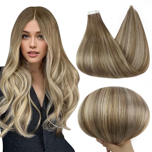 Image of Full Shine Human Hair Tape in Extensions, 12 Inch Brown Caramel Blonde | 30g 20PCS, Double Sided Tape in Hair Extensions, Remy Seamless, Soft Comfortable Bridal Occasion Easy Application