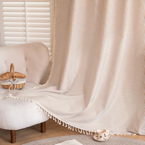 OYX Linen Curtains 84 Inch Ticking Stripe Light Filtering Curtains 2 Panels