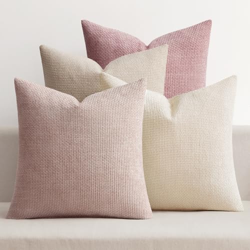 Image of MIULEE Pack of 4 Valentines Couch Throw Pillow Covers 20x20 Inch Neutral Pink Cute Decorative Chenille Pillows Farmhouse Boho Accent Cushion Covers for Coquette Room Spring Decor Sofa Bed Living Room