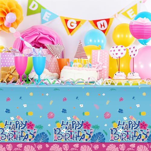 Image of Oudain 5 Pcs Cartoon Birthday Party Disposable Tablecloth Decoration Hawaiian Hibiscus Tropical Leaves Pattern Table Cloths 108'' x 54'' Luau Plastic Waterproof Rectangular Covers for Party (Blue)