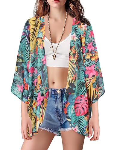 Womens Kimono Cover Ups for Beach Floral Short Sleeve Loose Summer Cardigan Green Leaf Small — view 5