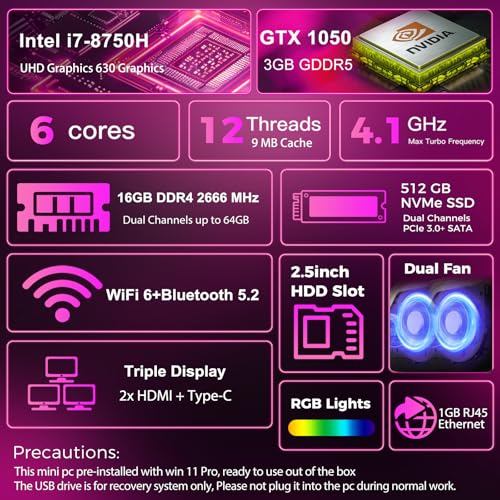 Image of Mini PC, Intel Core i7-8750H(8C /16T up to 4.1GHz), GTX 1050 Discrete Graphics Mini Computer With RGB Lights, 16GB DDR4 RAM 512 NVMe SSD, Triple Display, WiFi6 BT5.2, 1G RJ45, Win 11 Pro Micro PC, Pink