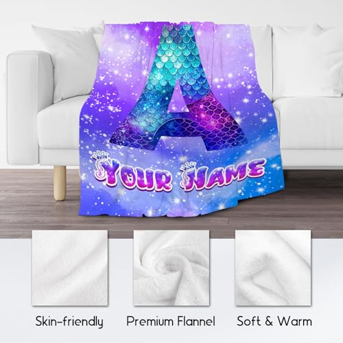 Mermaid Blanket for Girls - Personalized Mermaid Gifts for Kids - Custom Flannel Soft Cozy Blankets with Name - Fuzzy Initial Throw for Sofa, Living Room