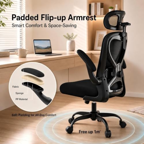 Image of Ergonomic Office Chair for Long Hours and Back Pain Relief, Space-Saving Design with Adjustable Lumbar Support, Flip-Up Arms, 3D Headrest, Tilt & Rock, 330 LBS, Black /Carbon Fiber
