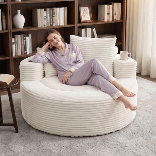Image of Trustyue Boneless Couch,Comfy Fluffy Sofa Bed,Upholstered Sleeper Sofa with Cup Holder and Throw Pillows,Corduroy Plush Cloud Lounge Chair