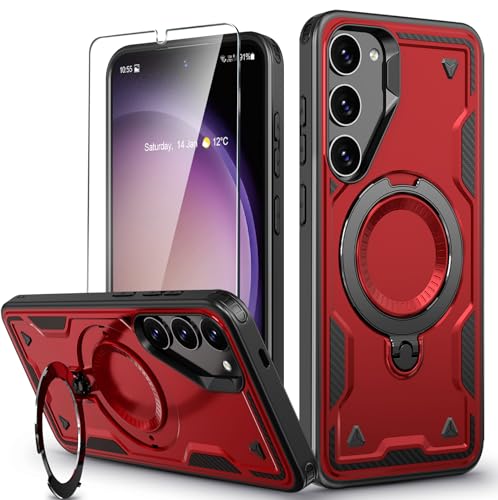 Image of for Samsung Galaxy S23 Case Magnetic with Stand, with Mag-Safe, with Screen Protector, Wireless Charging, Shockproof for Samsung S23 5G Phone Case, Ring Holder Phone Cover, for Samsung S23 Red