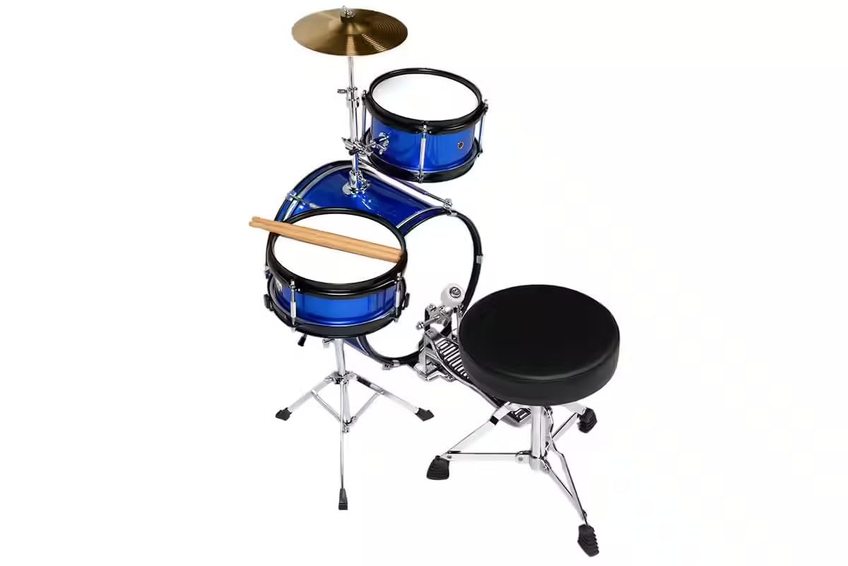 WOODBRASS DSJ90B - Batería infantil completa de 3 años, mini kit de batería acústica junior con asiento, pedal, platillo, 8 pulgadas, Tom y caja clara, batería infantil principiante, color azul