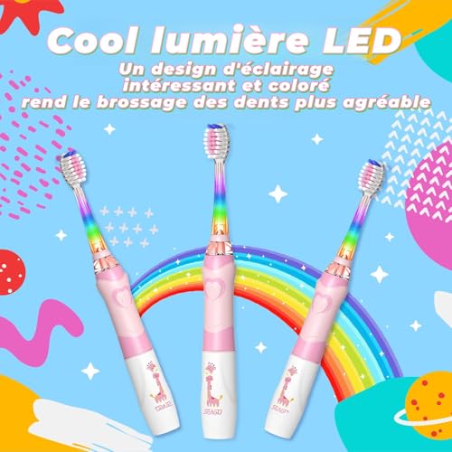 Elektrische Zahnbürste für Kinder, 3-12 Jahre, 2 Minuten Timer für gute Gewohnheiten, 4 weiche Ersatzköpfe, AAA-Batterie enthalten, farbige LED für Spaß beim Zähneputzen (Violett) – Bild 6