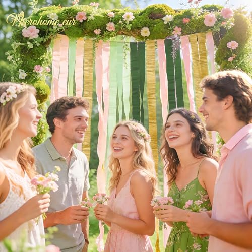 Image of NICROHOME EUR Wedding Party Decorations, 8 Rolls Moss Sage Green Pink Crepe Paper Streamers for Boho Baby Shower, Wedding, Engagement Party, Spring Party, Birthday Party Supplies, 82 ft Long