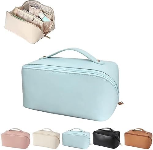 qturwye Bolsa de maquillaje de cuero de viaje de gran capacidad bolsa de cosméticos estuche de maquillaje portátil impermeable bolsa de aseo