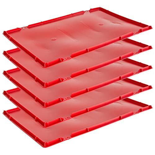 Kingpower 5x Deckel Eurobox 40 x 60 cm Rot, Stapelkiste, Fleischkiste, Metzgerkiste, Obstkiste, Lagerbox, Aufbewahrungsbox, Wanne, Lebensmittelecht, HD-PE, Wasserfest, Tragbar, Modisch, 5 Stück