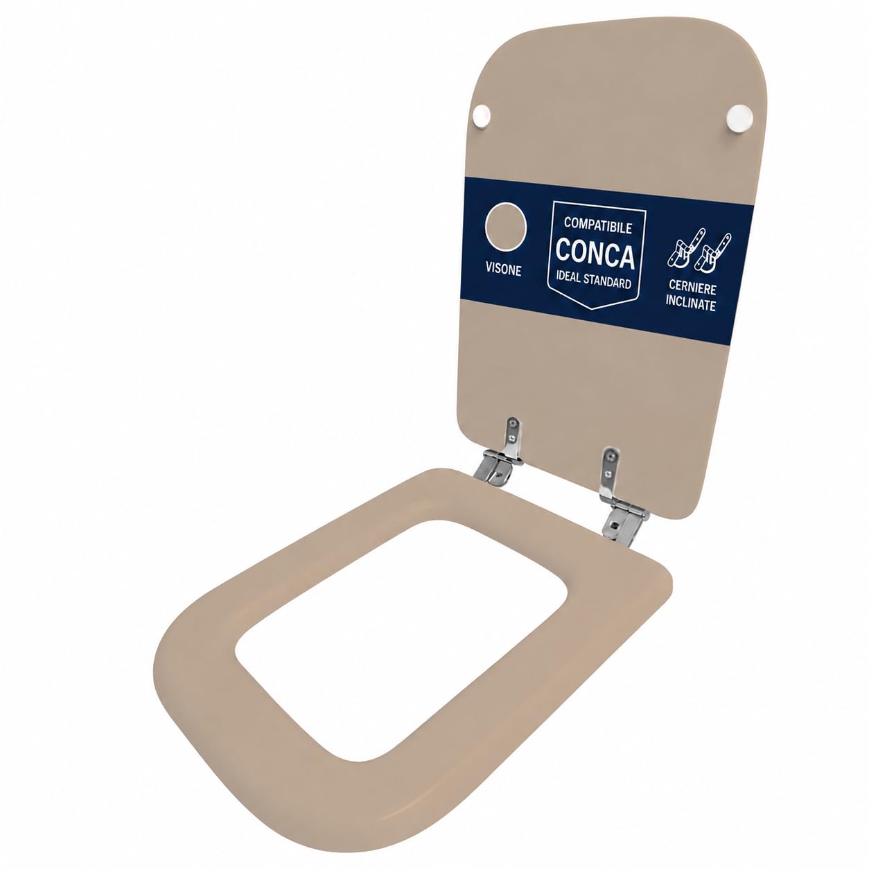 Copriwater compatibile Conca Ideal Standard Visone solo per WC con cerniere inclinate 45° – Sedile WC in legno rivestito in resina poliestere lucida