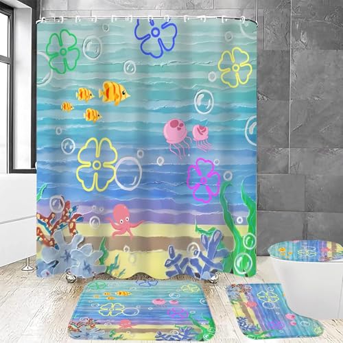 Yddsky 4Pcs Kids Ocean Cartoon Shower Curtain Set with Non-Slip Rugs Toilet Lid Cover & Bath Mat Waterproof Underwater Bathroom Decor Sets Cute Marine Life Bathroom Accessories for Kids Bathroom