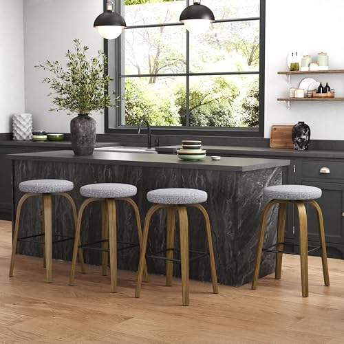 Set de 2 Butacos giratorios, Altura mostrador 30′′, Asiento tapizado en tela gris claro, Patas de madera resistentes y reposapiés metálico, Diseño moderno de mediados de siglo miniatura 4
