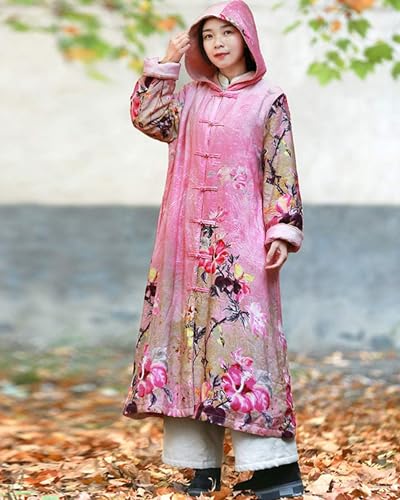 LUZU JUNU Women's Winter Hooded Long Outwear Floral Printed Coat Windbreaker Vintage Frog Button Fleece Lined Warm Overcoat3