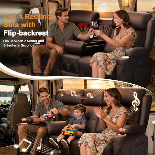 Image of Home Theater Seating, Power Loveseat Recliner Sofa with Massage & Heat, Wall Hugger Reclining Loveseat with USB, RV Couch with LED Lights, Flip Backrest, Cup Holders for Movie Theater & Gaming Room