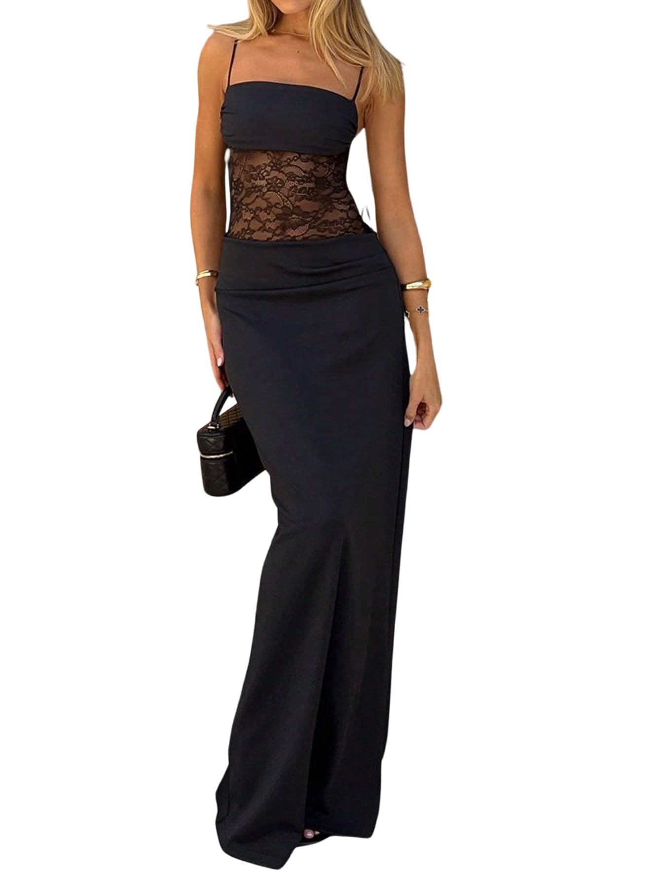 SweatyRocks Sukienka maxi, elegancka, koronkowa, bodycon, sukienka z koronką, sukienka koktajlowa, długa sukienka na ramiączkach, podkreślająca figurę, sukienka imprezowa