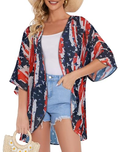 Image of Women's Floral Print Puff Sleeve Kimono Cardigan Loose Cover Up Casual Blouse Tops 2026