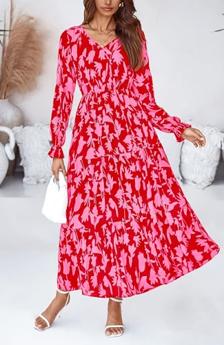 BTFBM Women Fall Dresses 2025 Casual Long Sleeve V Neck Maxi Dresses Floral Boho Long Dress Wedding Guest Dress