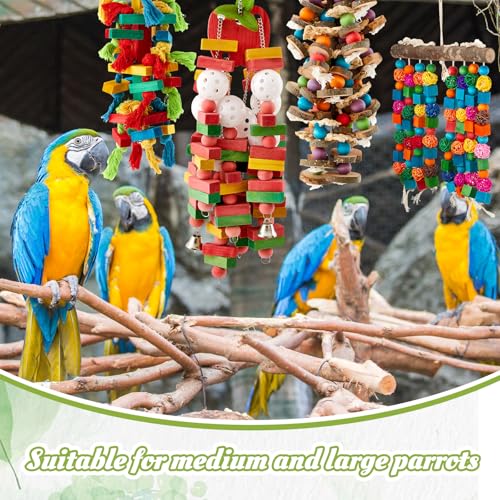 Image of Seenelling 4 Pcs Extra Large Bird Toys for Parrots, Block and Ball | Multicolored Natural Wooden Blocks & Beads Bells, Bird Cage Chewing Toys for Large Medium Macaws African Grey Cockatoos