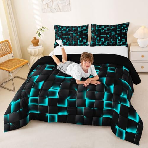 Image of Erosebridal Neon Black Teal Boys Comforter Set Full Geometric Checkered Turquoise Bedding Set for Kids Teen Men Gaming Room Decor,Abstract Ombre Plaid Comforter Grids Quilt Duvet