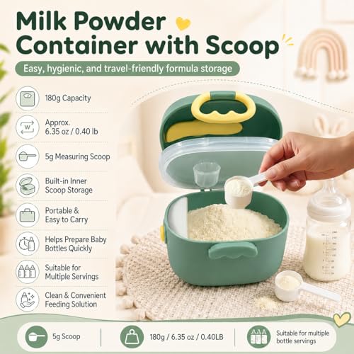 Image of StarAndDaisy Formula Milk Container for Baby Milk Powder Container with Scoop Holder, Portable Formula Dispense, Airtight First Feed Baby Food Storage Container /Box for Travel 200 Grams -Olive Green