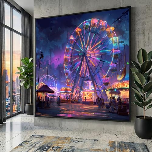 Art mural pour salon avec grande roue fluo et tableau de fête foraine nocturne 45x45