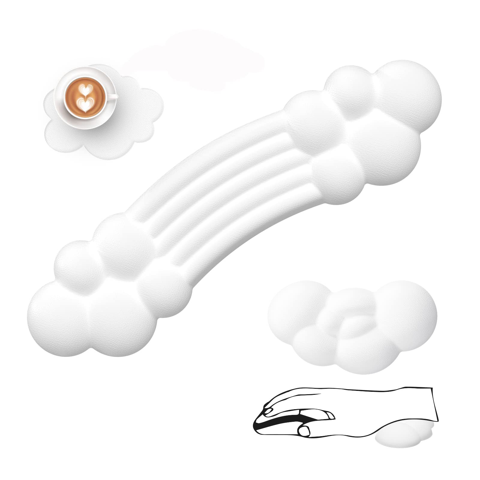 Zestaw Podpórek pod Nadgarstek do Klawiatury i Myszy - Keyboard Wrist Rest + Mouse Wrist Pad + Coaster, Pianka z Pamięcią Ergonomiczna Odkładka Pod Nadgarstek do Laptopa, Biura, Pracy, Gier - Biała