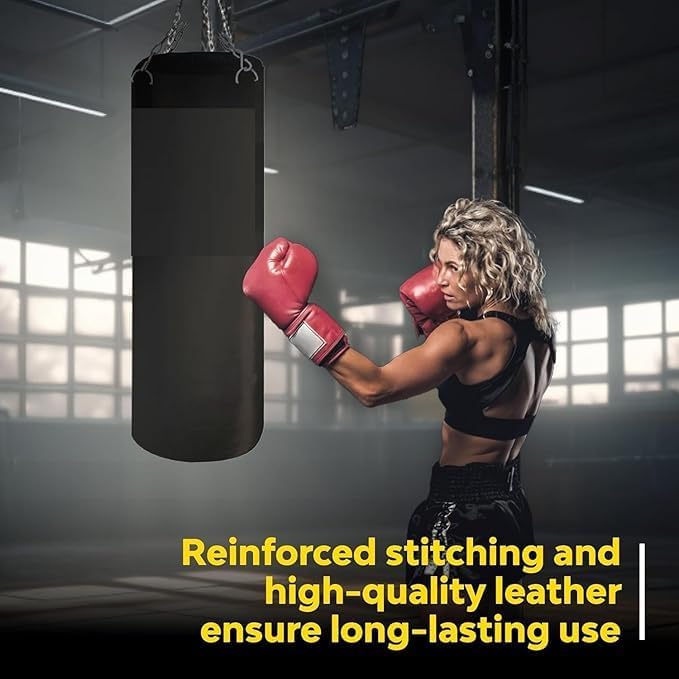4 Feet (48 Inches) Filled Synthetic Leather Boxing Punching Bag, One Pair Hand Wraps, with Hanging Chain, Black