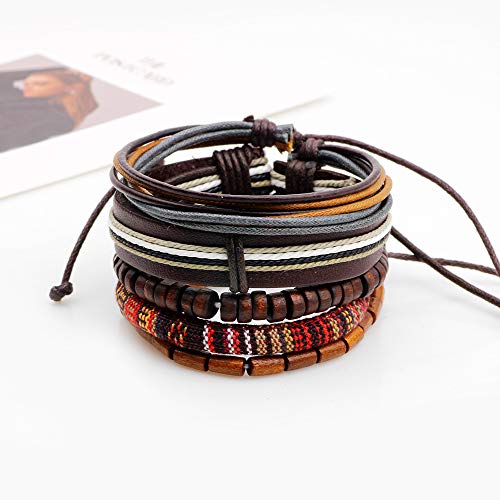 Hilai Unisex Mixed Bracelets Adjustable Handmade Multi Strand Braided Cowhide Bracelets Woven Leather Wristbands Wooden Beads Bracelet Wrist(1set of 5 pcs) steampunk buy now online