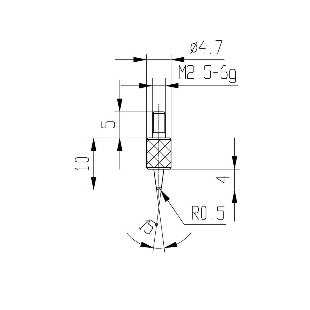 Measuring insert for dial gauge R 0.5 mm type: 106L stainless steel 573/15-10 cone length: 10 mm