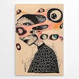 Surreal Psychedelic Wall Art Abstract Futuristic Cyber Face Canvas Poster Creppy Weird Floating Eyes Unique Painting Print for Bedroom Dorm Living Room Apartment Decor 12x18inch Unframed