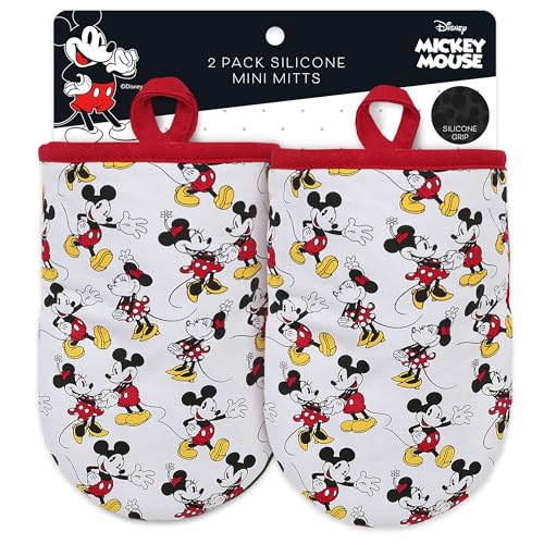Image of Disney Mickey & Minnie Mini Oven Mitts, 2-Pack, Heat Resistant 450F | Compact 5.5 inchx7.5 inch pot holders for kitchen, printed silicone offers non-slip grip, ambidextrous,hand wash or spot clean