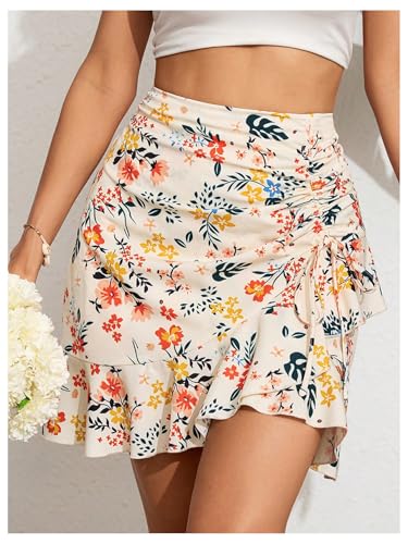 WDIRARA Women's Boho Floral Mini Skirts Ruched Ruffle Hem Drawstring High Waist Short Skirt3