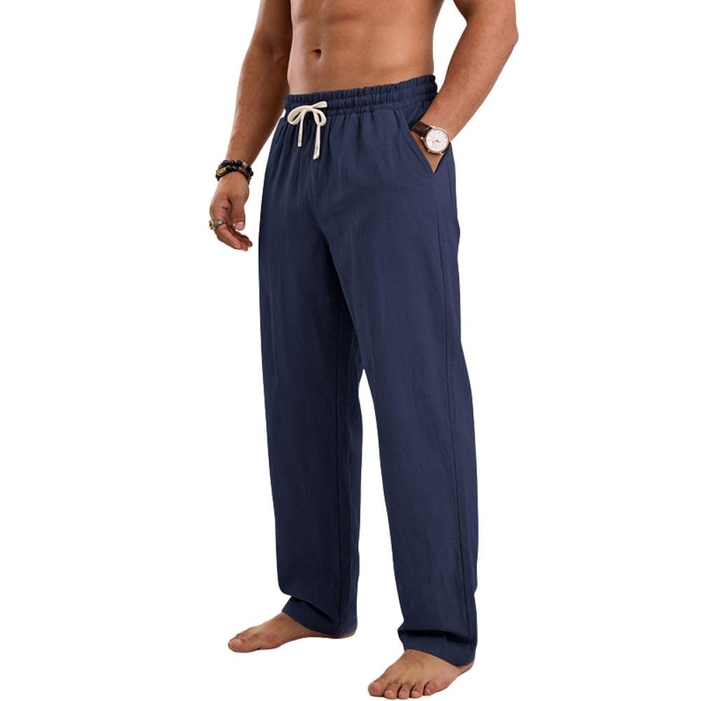 Pantaloni estivi da uomo in lino, con coulisse, leggeri, vestibilità larga, da spiaggia, casual, in cotone