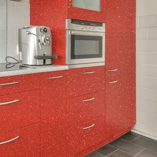 VEELIKE Möbelfolie Glitzer Tapete Rot Glitzerfolie Selbstklebende Folie Glitzer Tapeten Wohnzimmer Glitzerpapier Klebefolie Möbel… – Ansicht 4