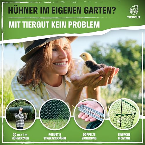 TIERGUT® Hühnerzaun [30m lang, 100cm hoch] - Mobiler Steckzaun für Hühner, Hunde, Kaninchen & Co. - Komplettset mit engmaschigem Zaun und doppelter Befestigung