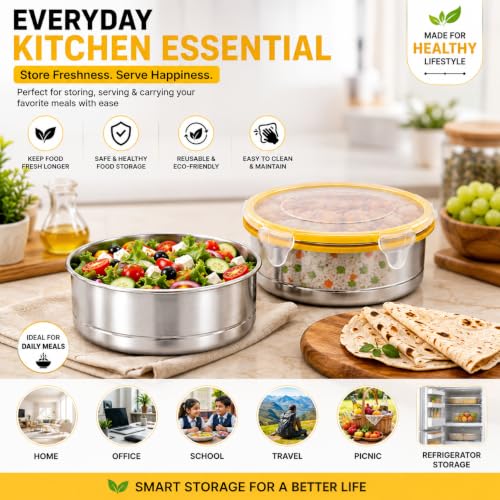 Image of Stainless Steel Airtight Round Container with Leak Proof Lid | BPA Free Food Storage Lunch Box Dabba for Office College School Home Travel | Tiffin Box (5.10 x 10.5cm size) | Pack of 2,Yellow