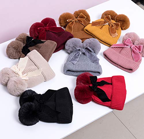 YATEEN Infant Toddler Baby Knitting Woolen Hat Winter Warm Double Pompom Beanie Cap with Bow4